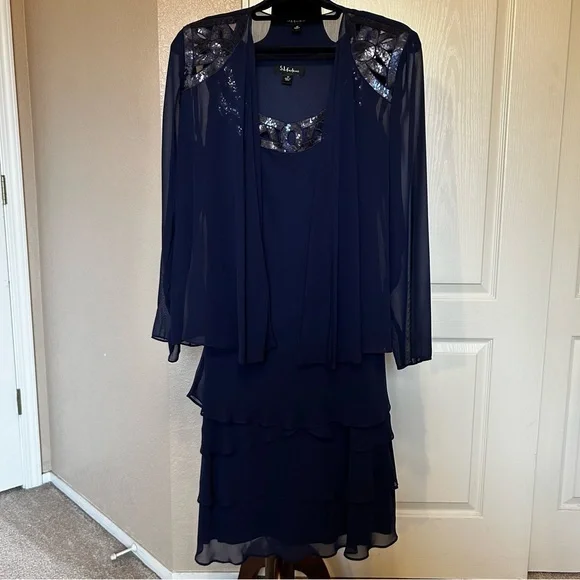 SL Fashions Embellished Tiered-Hem Dress & Jacket - Navy - Size 12